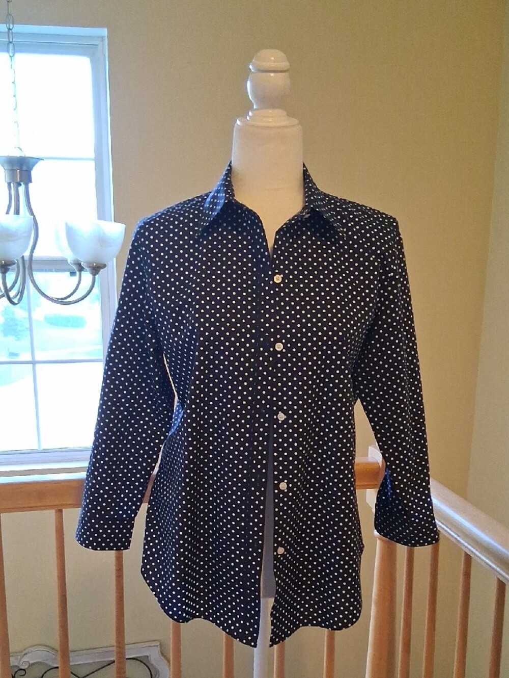 Lauren Ralph Lauren Navy and White Polka Dot 100% Cotton Button-Down Shirt